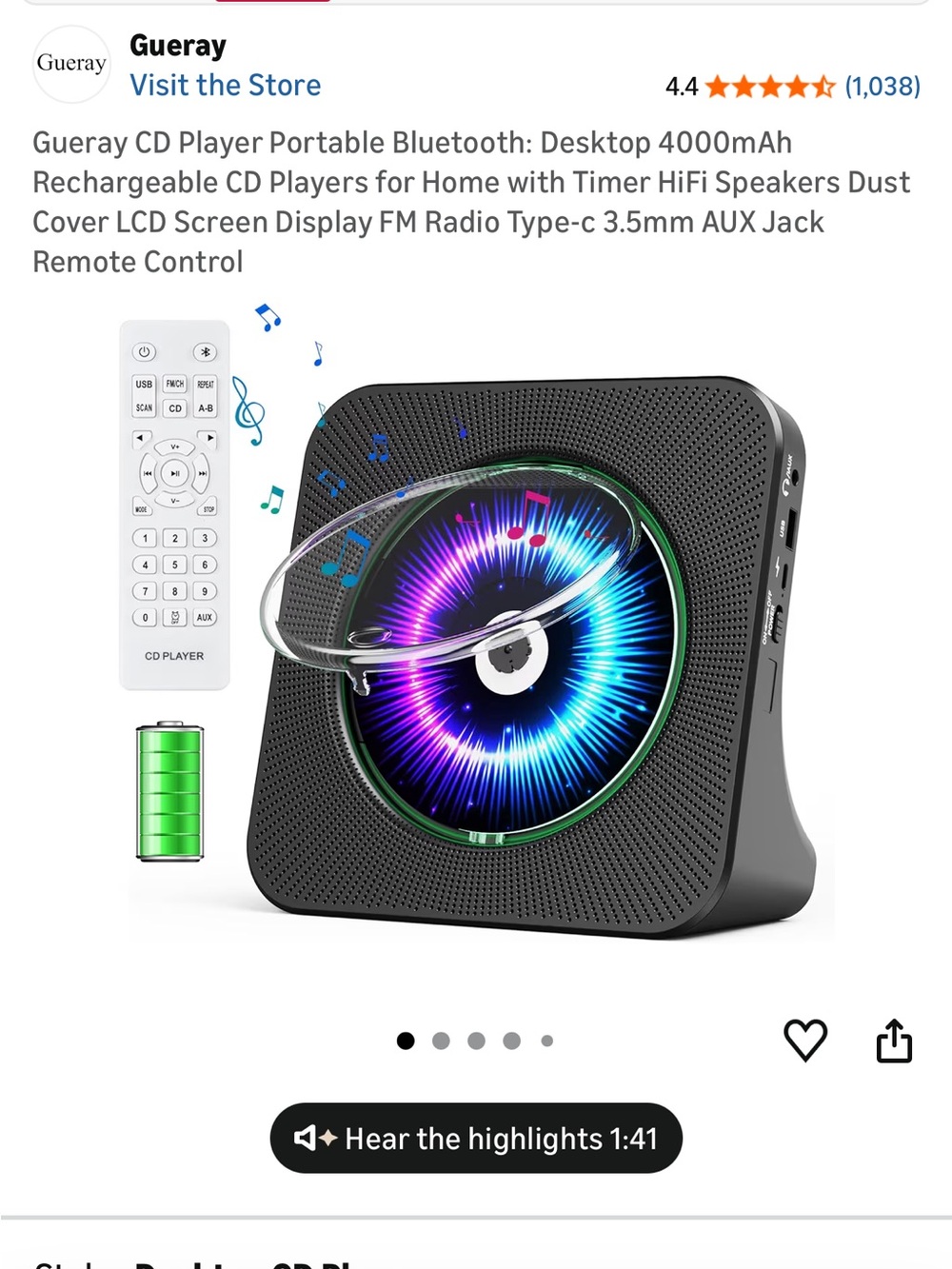 Portable Bluetooth CD Player with RGB Light - Black